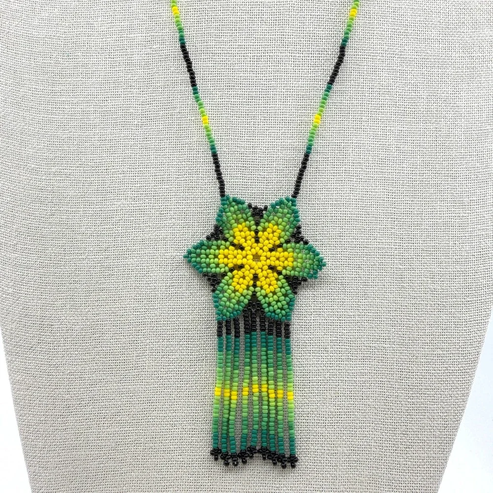 Necklace Green Yellow Seed Bead Floral Fringe Vintage Boho Artisan Statement Bib